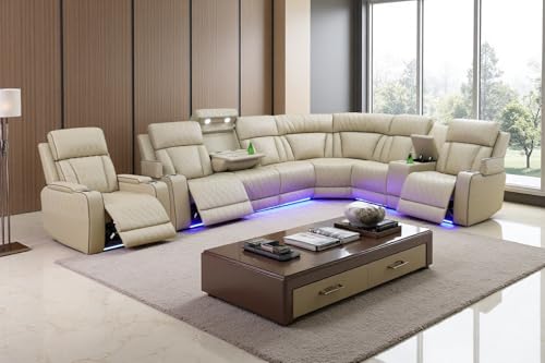 Image of Power Recliner Sectional Sofa Set with LED, Breathing Leather Reclining Sectional Corner Couch & Chair, L-Shaped Home Theater Seating with Charging /Storage for Living Room