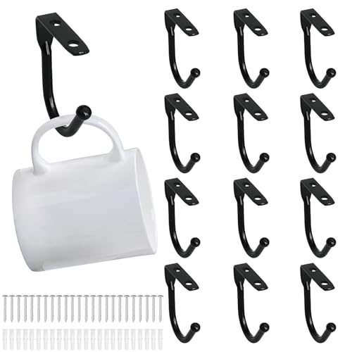 BRYXXA 12 Pcs Black Cup Hooks, Metal Mug Holder Under Cabinet Hook Mug Holders Under Shelf, Wall Mounted Cup Rack Hook Holder for Kitchen Restaurant Storage Drying Utensils Cooking Pans Coffee Tea Mugs