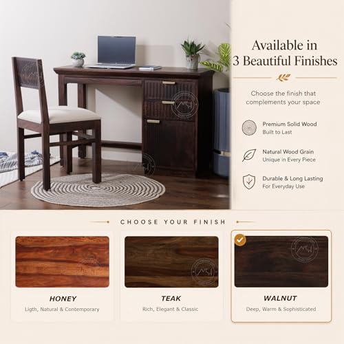 Image of NSH Solid Sheesham Wood Study Table with Chair | Wooden Writing Desk with Drawer & Door Storage | Pre-Assembled Computer Desk Workstation for Home Office & Study Room | Walnut Finish