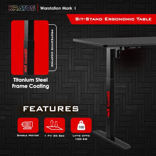 Image of WAR HAMMER Warstation Carbonfibre Automatic Height Adjustable Sit Stand Desk | Black Frame Top Ergonomic Study Table with Digital Display & Memory Preset Option for Home Office (Black)