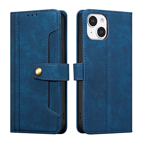 Étui portefeuille iPhone 14 cuir bleu parfait pour vos déplacements et sorties en mains libres