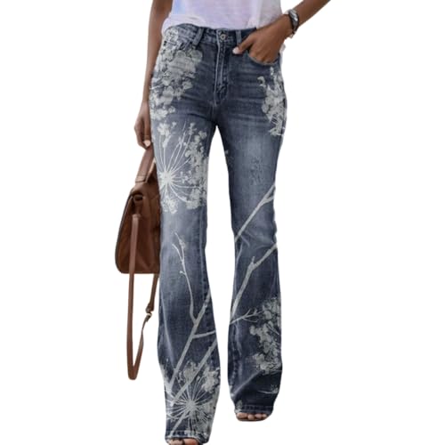 Womens Denim Printed Floral Graphic Elastic Waist Palazzo Pants Casual Loose Wide Leg Zipper Trousers with 2 Pockets