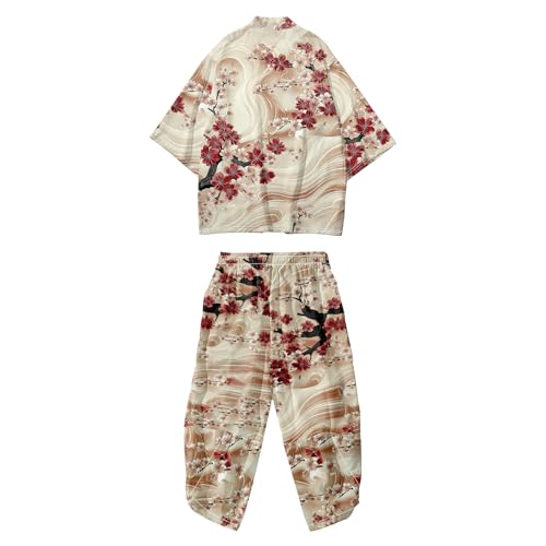 Image of DOSLAVIDA Men's Japanese Kimono Jacket Set Stylish Open Front Coat With Shorts Chinese Style Printed Cardigan Suit