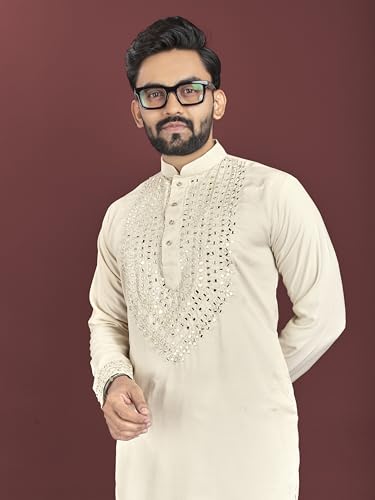 Men's Kurta set mirror work with Pajama for indian festival wedding Soft Silk Ethnic Wear (BB-KN) (White, XX-Large)4