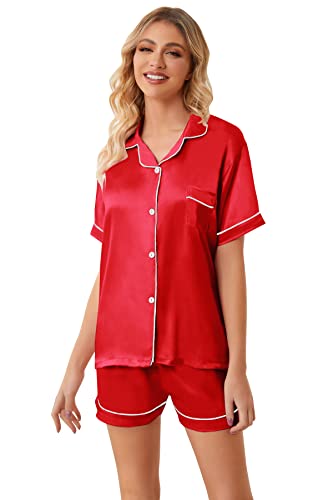 Image of Umeyda Women & Girls Pajamas Set, Soft Satin Lightweight Silk Button-Down Top with Shorts 2 Piece PJS for Mom Boys Kids Gifts