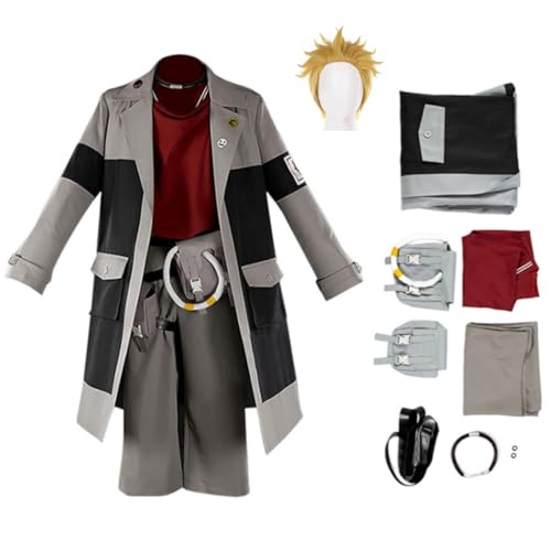 Pacreck Gachiakuta Engin Cosplay Costume Adult Anime Enjin Coat Waist Bag Full Accessories Outfit Halloween Suit (Grey+Wig, Medium)