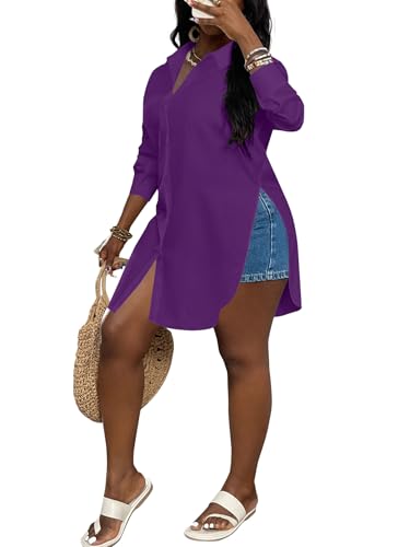 Image of LYANER Women's Collar Neck Long Sleeve Button Down Shirts Sexy Split Hem Tops Long Blouse Shirt Dress