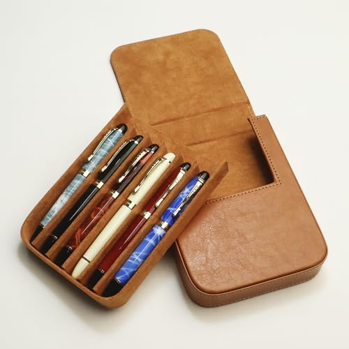Image of 6Slots Leather Fountain Pen Case Collector Organizer - Handmade Pen Case Vintage Crazy Horse Print Leather Pen Protective Sleeve Cover Pen Storage Gift Box (6slot-Yellow)
