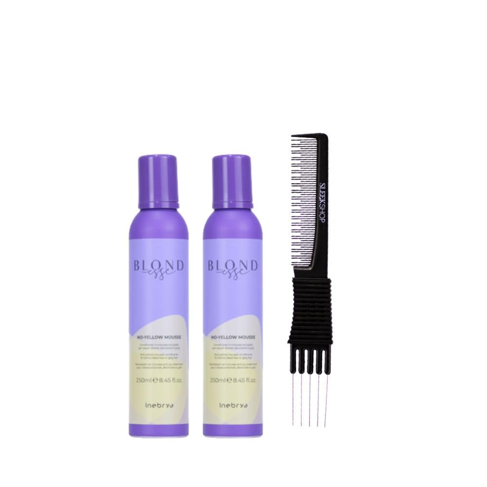 kuss Inebrya Blondesse No-Yellow Mousse (8.45 oz) with Teasing Comb Pack of 2, Purple