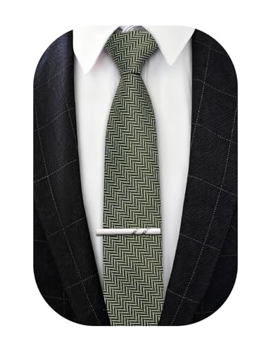 Image of Barry.Wang Skinny Ties for Men Wool Blend Herringbone Necktie with Tie Clip | Tie and Tie Clip Set, Cashmere Wool Stripe, 2.76 x 63 Inches, Extra Long Slim, Wedding Work Party Classic