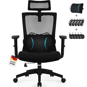Daccormax Bürostuhl Ergonomisch, Schreibtischstuhl mit Verstellbarer Kopfstütze, Armlehnen, Lendenwirbelstütze, Drehstuhl Wippfunktion bis 135°, Chefsessel aus Mesh,Rückenschonend, Bürostuhl 150kg