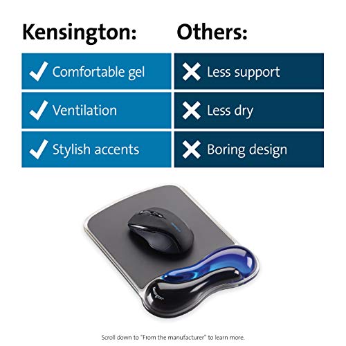 Kensington Mouse Mat with Wrist Rest – Ergonomic duo gel wrist support for computer / laptop use with laser and optical mice. Anti-slip comfortable mouse mat with cool gel - Blue (62401)