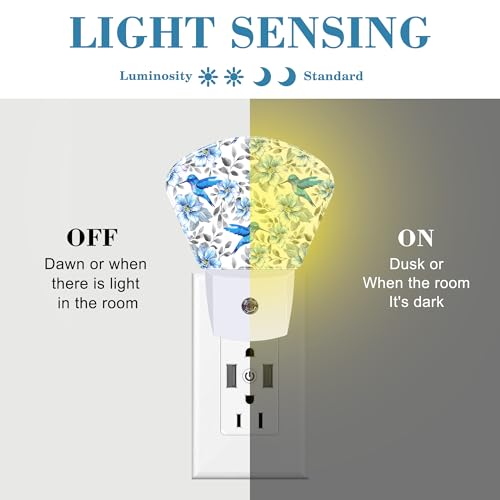 Image of Watercolor Blue Flowers and Hummingbirds Night Light for Kids Girls Boys, Blue Hummingbirds LED Night Light Plug into Wall with Dusk to Dawn Sensor for Room, Hallway, Kitchen, Bathroom, Stairs Decor