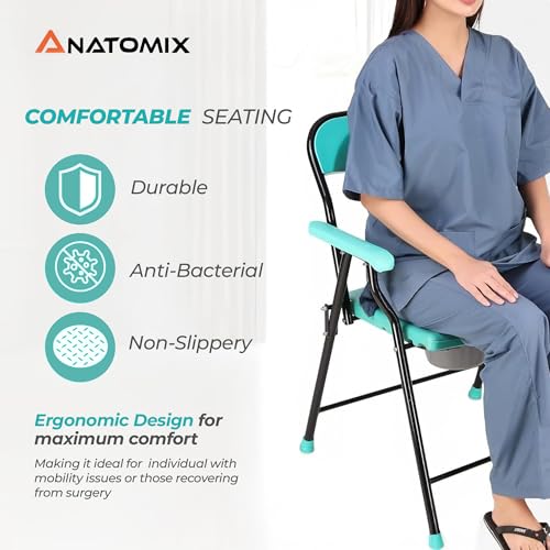 Image of ANATOMIX Folding Commode Chair - Stainless Steel Mobile Toilet Seat for Elderly, Disabled & Pregnant Women | Safe Shower & Bathing Stool | 100 Kg Capacity (Blue)