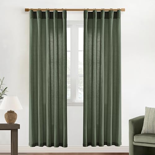 Image of XTMYI Olive Green Boho Closet Curtains 80 Inch Length for Bedroom Closet Door,2 Panels Set Farmhouse Linen Semi Sheer Back Tab Pleated Easy Open Sliding Door Curtains,80 Inches Long
