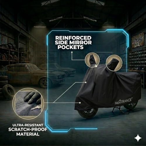Image of Mototrance All Weather Protection Two Wheeler Cover for All Activa, Scooter, Scooty & Bikes Upto 150CC | Anti Dust, Water Resistant, Heat Resistant, Mirror Pocket Bike Body Cover | Solid Black