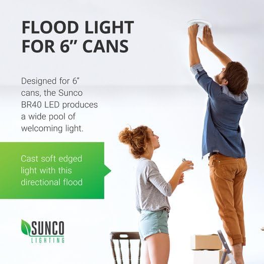 Sunco 6 Pack BR40 Light Bulb, LED Indoor Flood Light, Dimmable, 6000K Daylight White Deluxe, 1400 LM, E26 Base, Recessed Can Light, High Lumen, Flicker-Free - UL, 120W Equivalent 17W