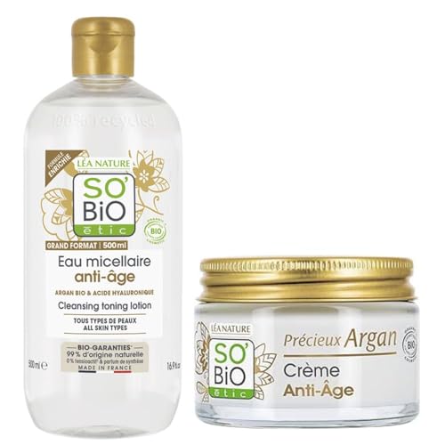 So'Bio Étic Pack Facial Antiedad, Crema con Argán y Ácido Hialurónico 50ml + Agua Micelar 500ml, para Piel Normal a Seca