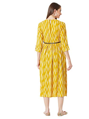 Image of Miss Chase Women's Mustard Yellow Belted Printed Midi Dress