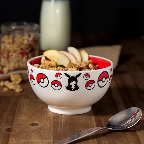 Elbenwald Pokemon Müslischale - Bowl mit Pikachu und Pokebälle Motiv - 600 ml - 8 cm Höhe - Ø 13 cm - Keramik - Weiß Rot