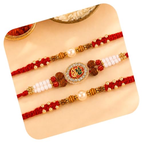 Image of Peora Rakhshabandhan Thread Rakhi for Brother Bhaiya | Crystals & Kundan Studded | Combo, Set of 3 | Rakhi Hamper with Roli Chawal & Greeting Card