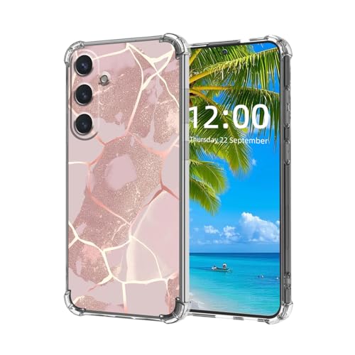 ETLKJVBL for Samsung Galaxy S25 Case, Pink Marble Rose Gold High-Definition Painted Back Cover with Soft Transparent TPU Bumper, Shockproof Protective for S25 Phone Case