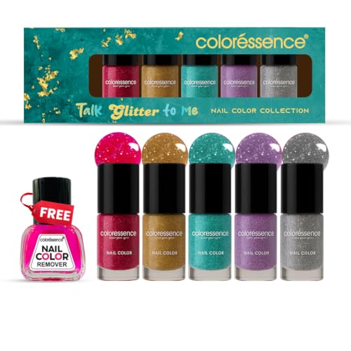 Image of Coloressence Talk Glitter to Me Nail Paint Kit, Set of 5 with FREE Nail Polish Remover | Glitter Sparkle Finish | Quick Dry | Chip Resistant