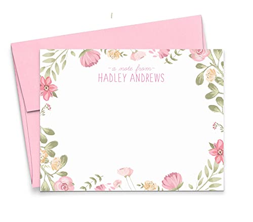 Girls Personalized Stationary Set with Envelopes FLAT NOTE CARDS, Pink Greenery Personalized Stationery Set for Girls Note Cards set, Floral Stationary Cards for Girls, Choice of Colors and Quantity