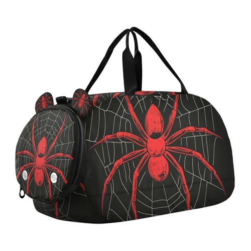 Duffle Bag for Boys or Girls with Shoes Compartment, Red Spider Hanging Sports Travel Bag Overnight