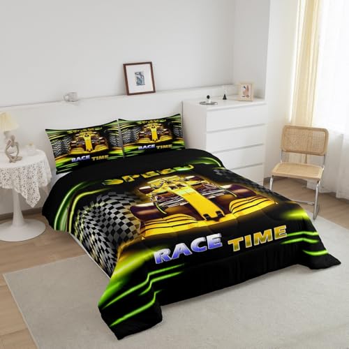 Image of Feelyou Kids Race Car Bedding Set King Size, Yellow Ombre Comforter Set Boys Girls Racing Speedy Car Duvet Insert Teens Bedroom Decor Bed Set 3Pcs