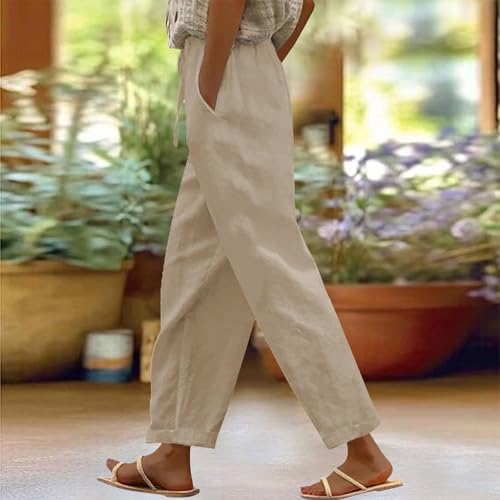 Linen Pants for Women Casual Lightweight Drawstring Elastic Waist Pants Summer Beachwear Capri Pants with Pockets2
