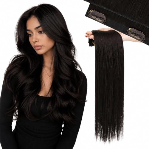 Image of Moresoo Clip in Hair Extensions, 14inch Seamless Genius Weft, Natural Blend | Clip in human hair extensions,dark brown, 110g 7pcs, for beginners and fine hair users, for subtle volume and office wear