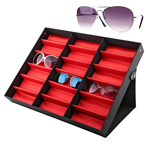 Tyenaza 18 Rejillas Gafas Soporte de Exhibición, Estuche para Gafas y Expositor para el Hogar y la Tienda, Caja de Almacenamiento de Gafas con Tapa Plegable, Gafas Vitrina Bandeja de Almacenamiento