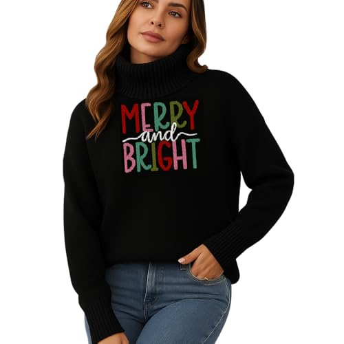 Unisex Merry and Bright Knitted Turtleneck Sweater Long Sleeve Warm Cozy Pullover for Men and Women Soft Comfortable Fit Casual Winter Jumper Holiday Season 04 Turtleneck Sweater XS Black