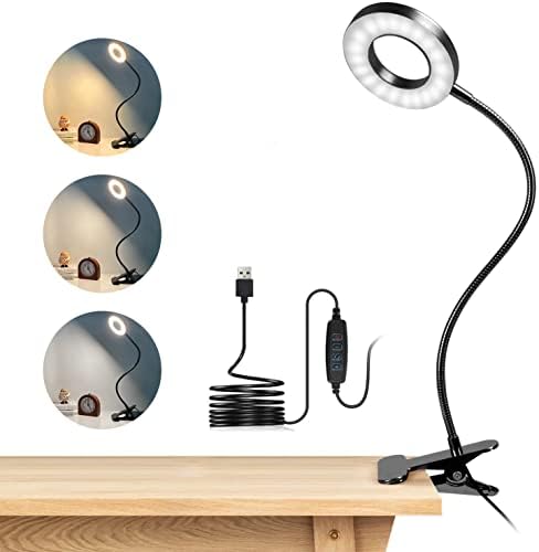 dowowdo USB Reading Light, Clip on Light with 10 Dimmable Brightness & 3 Light Modes, Eye Protection Adjustable Desk Lamp/Bedside Light for Reading/Work/Tattoo/Piano (Black) [Energy Class A++]