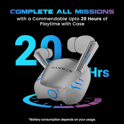Image of HAMMER Arcade True Wirelss Gaming Earbuds with RGB Lights, 50ms Low Latency, Type-C Charging, IPX5, Deep Bass, 20H Playtime, Bluetooth v5.3, Made in India (White)