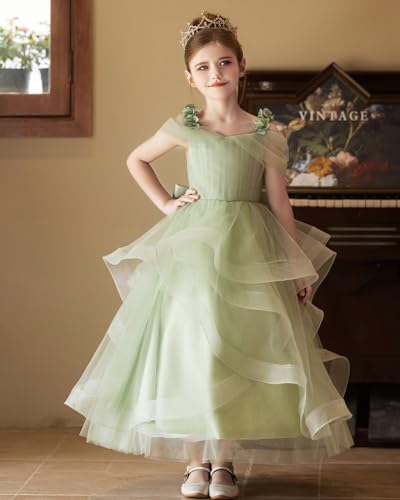 Ruffled Tulle Flower Girl Dress with Bow Knot Floral Applique Cold Shoulder First Communion Dress Spaghetti Straps Gown3