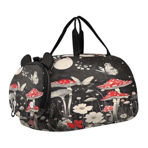 Butterfly Red Flowers Black Kids Travel Duffel Bag for Boys Girls Overnight Weekend Tote Bag with Shoes Compartment for Beach Swim Trip