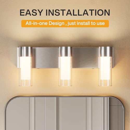 Image of Tribesigns LED Bathroom Light Fixtures, 3-Light Vanity Lights Over Mirror, Wall Lights with 3 Color Modes & Sand Nickel Finish, Wall Sconces with Clear Glass Shades for Bathroom Hallway Bedroom