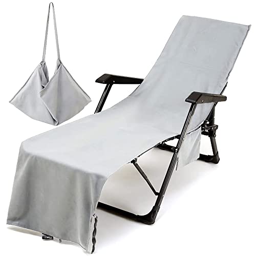 Morbuy Funda para Toallas para Tumbonas de Playa, Color sólido Funda para Silla de Playa de Microfibra con Bolsillos Laterales, para Tumbonas de Jardín, Piscina, Tomar El Sol (Gris)