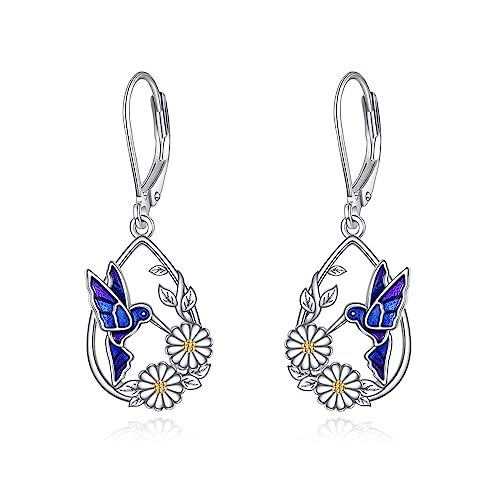 Image of Hummingbird Earrings 925 Sterling Silver Daisy Bird Drop Dangle Leverback Earrings for Women Girls Hummingbird Jewellery Gift (hummingbird daisy)