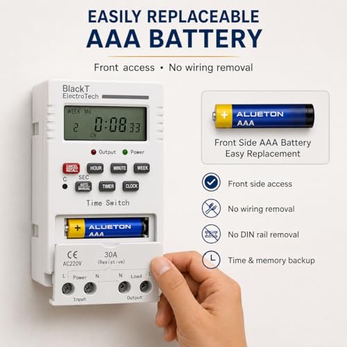 Image of Blackt Electrotech BT41D6 230V 30Amps Digital Programmable Timer Switch | DIN Rail Mounted | 18 On /Off Programs | Daily /Weekly Cycle & Second Setting | Heavy Duty for Industrial & Home Use