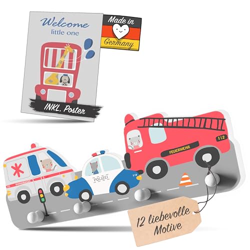 Kindsblick ® Rettungsautos Kindergarderobe in Bunt inkl. niedlichem A4...