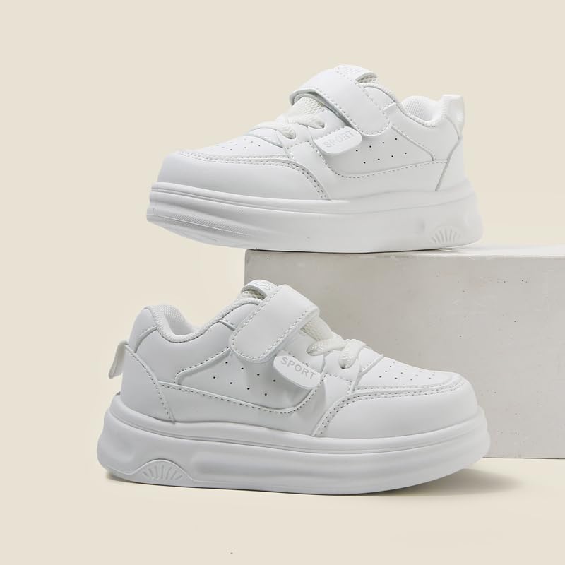 White Toddler Sneakers for Boys and Girls, Slip-Resistant Lightweight Athletic Shoes with Hook and Loop Strap, Easy On Casual Walking Trainers4