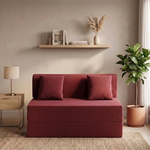 Image of Foldable Three Seater Sofa Bed 5 X 6 Ft Jute Fabric Washable Cover Sofa Cum Bed with Cushions Convertible Sofa Bed for Home, Office (Red Color - Pre-Assembled)