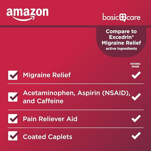 Image of Amazon Basic Care Migraine Relief Acetaminophen, Aspirin (NSAID) and Caffeine Tablets, Pain Reliever /Pain Reliever Aid, 200 Count