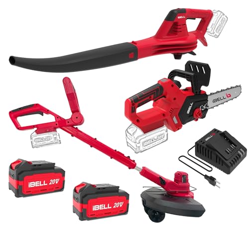 Image of iBELL 20V MAX Cordless Garden Tool kit Leaf Blower, Chain Saw, Brushcutter Combo Kit - Brushless Power Tools with 2 Batteries (4Ah) and Charger Included.