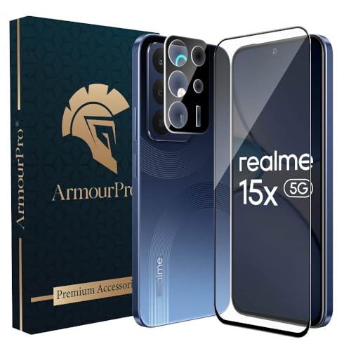 Image of ArmourPro Tempered Glass and Black Camera Lens Protector for Realme 15x, Edge to Edge Screen Guard, Anti-Bubble, Scratch Resistant, HD Clear, Anti-Fingerprint, Installation Kit | Black