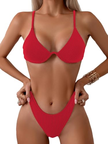 Image of Fanuerg Women Underwire Triangle Bikini Spaghetti Strap Push Up Swimsuit Cheeky Two Piece Bathing Suit