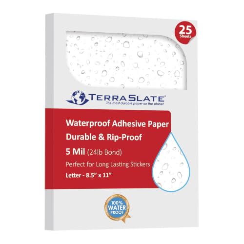 TerraSlate Waterproof Sticker Paper | 5 Mil Permanent Adhesive Labels | Printable Sticker Paper for Laser Printer, Copy Machine & Digital Press (Letter - 8.5" x 11", 25 Sheets)